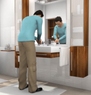 Animated man in his bathroom self-catheterizing